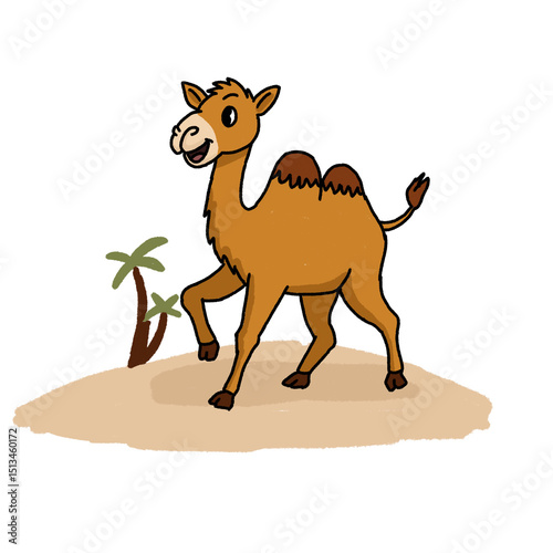 Cartoon Bactrian camel with two humps standing on sand beside palm trees. Cheerful and playful desert-themed design ideal for kids’ content or educational use.