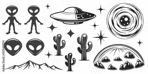 Illustration of aliens, ufo, galaxy, cactuses, stars and mountains in black and white color scheme style |eps vectors silhouette