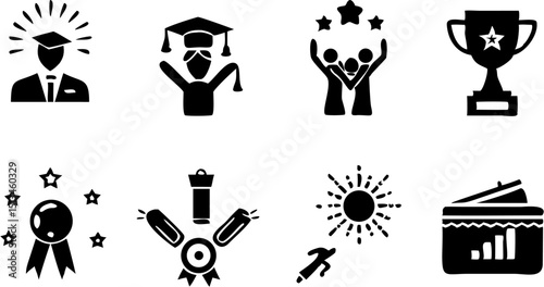 A collection of achievement icons featuring graduation, awards, success and financial growth shown in black |eps vectors silhouette