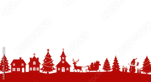 Christmas village silhouette with trees, houses, church, reindeer, sleigh, santa, gift and snowman isolated on transparent background