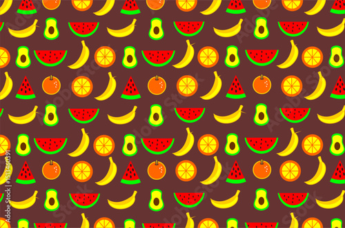 Seamless pattern with brightly colored fruit motifs. The image features various types of fruits such as orange, watermelon, banana and avocado. Perfect for designs, backgrounds, and product packaging.