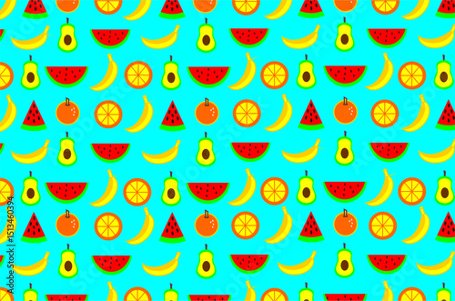 Seamless pattern with brightly colored fruit motifs. The image features various types of fruits such as orange, watermelon, banana and avocado. Perfect for designs, backgrounds, and product packaging.