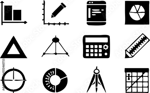 Collection of twelve black and white icons representing data analysis and mathematical tools design |eps vectors silhouette
