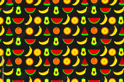 Seamless pattern with brightly colored fruit motifs. The image features various types of fruits such as orange, watermelon, banana and avocado. Perfect for designs, backgrounds, and product packaging.