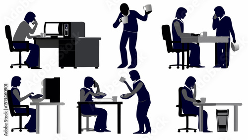 Silhouettes of people in office settings working drinking coffee and talking on the phone at their desks |eps vectors