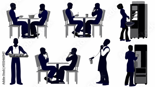 Silhouettes of people in various restaurant activities including dining and working around the restaurant area |eps vectors