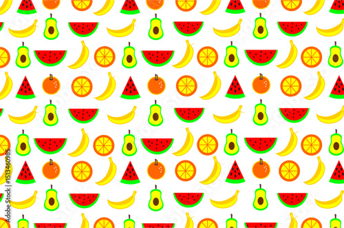Seamless pattern with brightly colored fruit motifs. The image features various types of fruits such as orange, watermelon, banana and avocado. Perfect for designs, backgrounds, and product packaging.