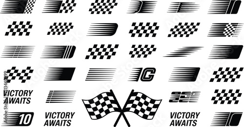 Checkered racing flag vector collection with speed motion elements, finish line symbols, motorsport graphics, and bold racing icon set for automotive and competition themes