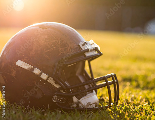 Closeup of a football helmet on sunlit grass. Represents sportsmanship, determination, and the spirit of the game. Great for sportsthemed content, or motivational pieces. photo
