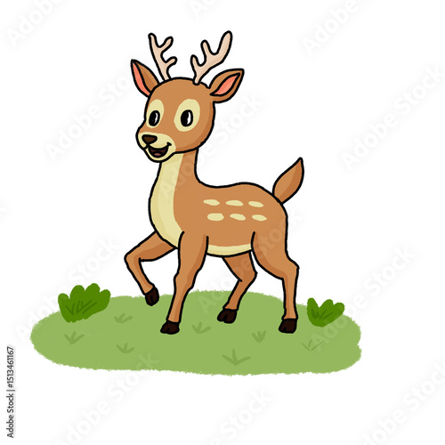 Cartoon deer with antlers and white spots standing on green grass with bushes. Cheerful and playful woodland design perfect for kids’ content or nature-themed visuals.