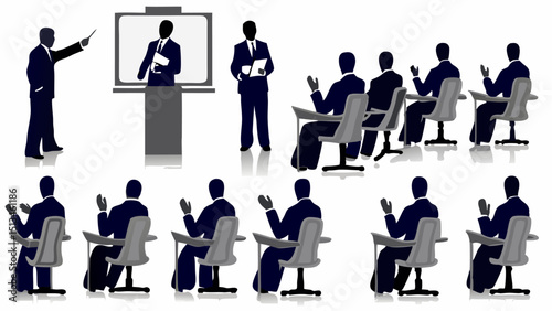 Illustration depicting a business presentation with speaker and seated audience members in suits |eps vectors silhouette