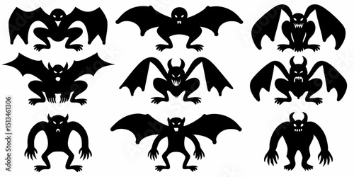 Collection of nine stylized black bat silhouettes with varying wing and body shapes on white background |eps vectors