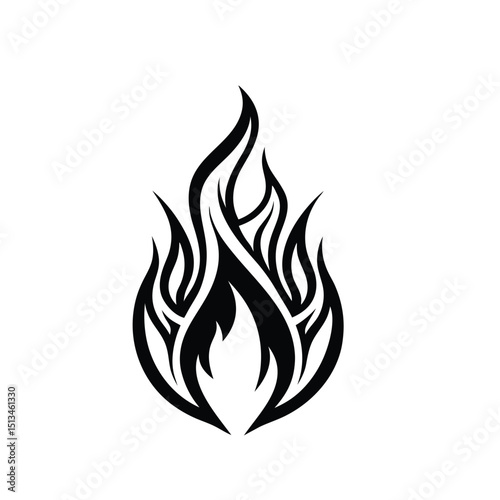 Stylized Black and White Fire Flame Illustration for Tattoo Design or Graphic Element