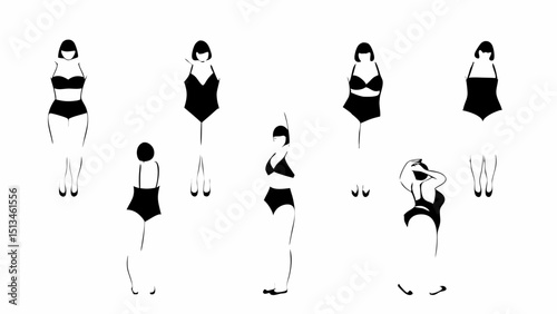 Silhouettes of women in swimwear in various poses against a white background in a minimalist style |eps vectors