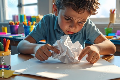 Annoyed boy crumples paper over drawing at desk

