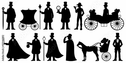 Silhouette collection of vintage carriages and people in top hats and cloaks in black color |eps vectors