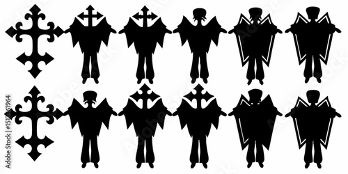 Black silhouettes of crosses and figures with robes and hats arranged in two horizontal rows design |eps vectors