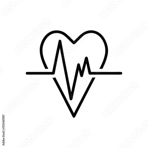 Heartbeat Line Icon with Heart Shape and Triangle in Black Outline Style on White