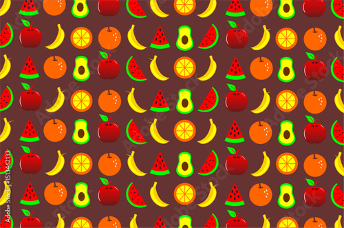 Seamless pattern with brightly colored fruit motifs. The image features various types of fruits such as orange, watermelon, banana and avocado. Perfect for designs, backgrounds, and product packaging.