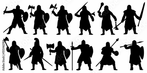 Silhouette illustration featuring a group of medieval warriors wielding various weapons and shields |eps vectors