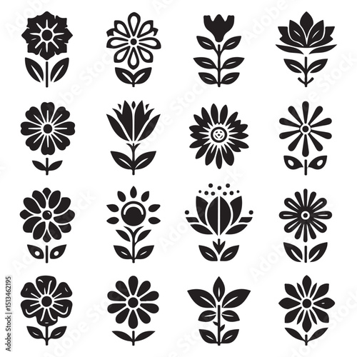 Collection of 16 Simple Black Flower Icons Vector Graphics for Design Projects