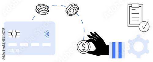 Hand placing coins near a contactless payment card, gears, and a checklist symbolizing payment, finance, transaction, banking. Ideal for fintech, e-commerce, budgeting savings business automation