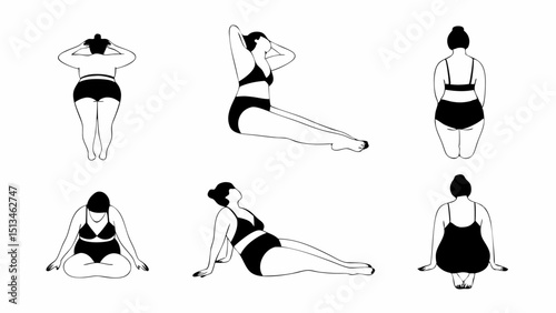 Six illustrations of a woman in various yoga poses wearing a swimsuit on a white background artwork |eps vectors silhouette