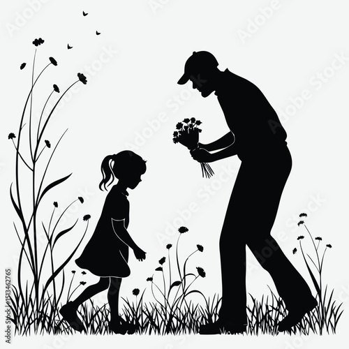 Father and daughter picking flowers in a meadow silhouette  image vector art and illustration