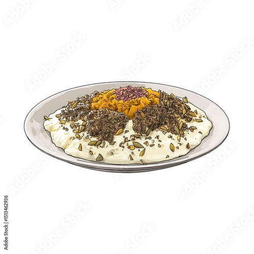 Delicious Middle Eastern Dish Close up of creamy rice topped with seasoned meat and nuts.