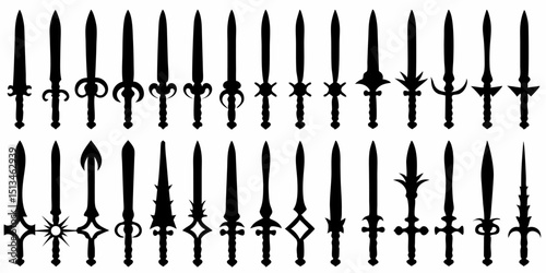 Collection of different sword silhouettes with various hilt and blade designs in black and white color scheme |eps vectors