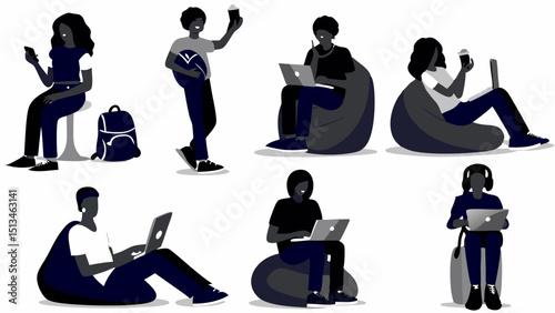 Illustration of people working and relaxing with laptops and mobile devices in various poses and settings |eps vectors silhouette