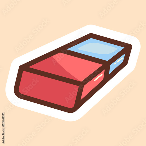 Eraser Sticker – Double Color Cartoon School Supply. Red and blue eraser in doodle style for correcting schoolwork.