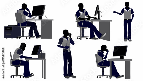 Silhouetted figures in office settings performing various tasks at desks and standing around the room area |eps vectors