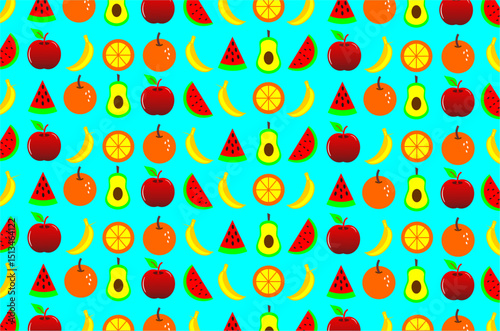 Seamless pattern with brightly colored fruit motifs. The image features various types of fruits such as orange, watermelon, banana and avocado. Perfect for designs, backgrounds, and product packaging.