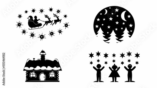 Four christmas themed images with santa in sleigh, moon and trees, house and children with stars design |eps vectors silhouette