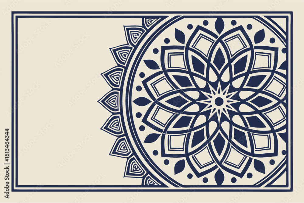 Navy blue ornamental mandala pattern on cream background in half circle