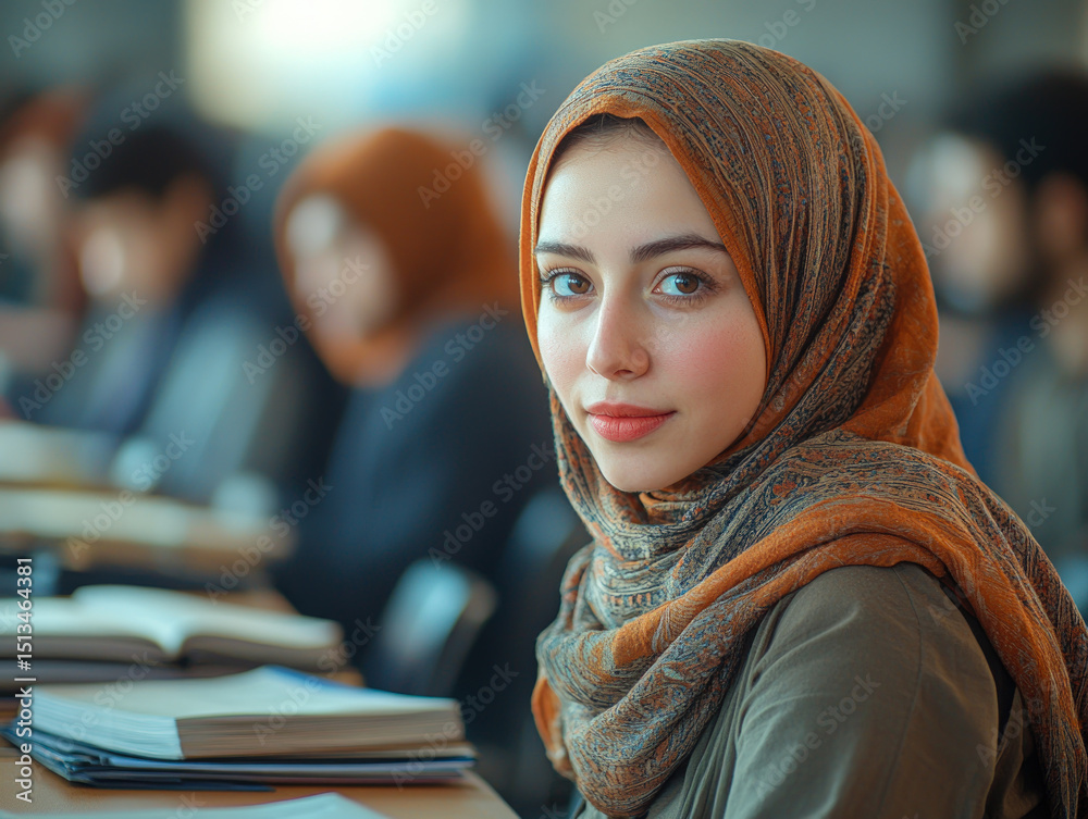 Young woman in hijab smiling confidently in a classroom, surrounded by students, symbolizing education, empowerment, and academic diversity.
Young woman in hijab smiling confidently in a classroom, surrounded by students, symbolizing education, empowerment, and academic diversity.