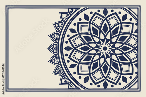 Navy blue ornamental mandala pattern on cream background in half circle