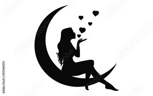 Girl on the moon with heart shapes vector silhouette