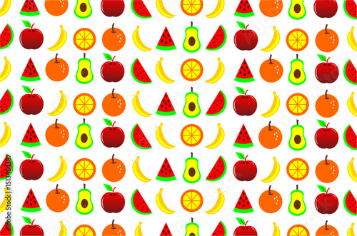 Seamless pattern with brightly colored fruit motifs. The image features various types of fruits such as orange, watermelon, banana and avocado. Perfect for designs, backgrounds, and product packaging.