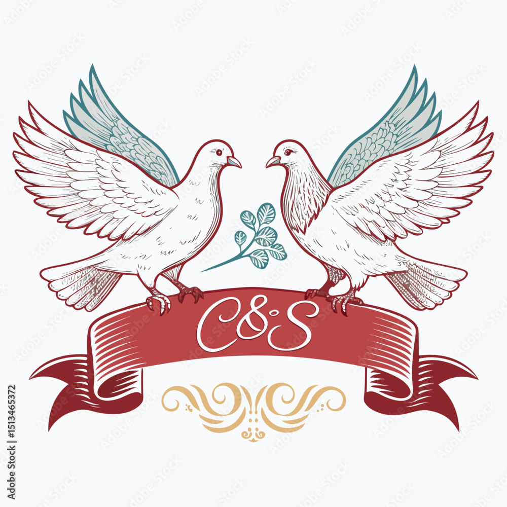 Fototapeta premium Design a bold, vector logo featuring two doves holding an olive branch, emphasizing strong, thick strokes. High contrast, clean lines.