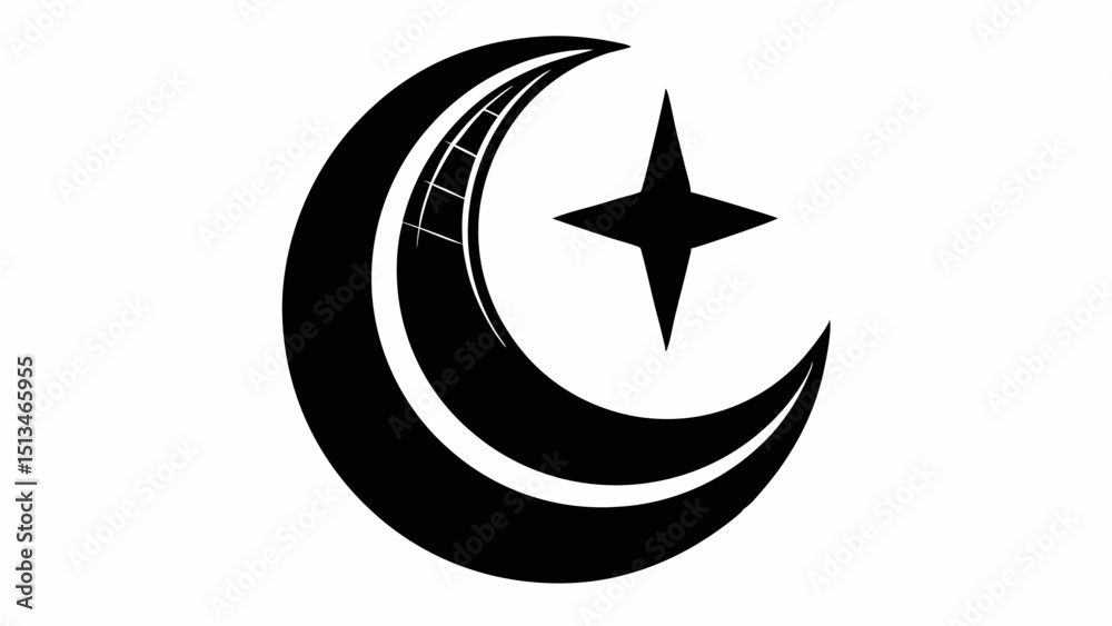 Stylized crescent moon and star in black and white vector, silhouette, illustration, horizontal, isolated assets, on transparent background Stylized crescent moon and star in black and white vector, silhouette, illustration, horizontal, isolated assets, on transparent background