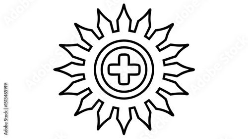 Outline of sun with plus sign in the center circle  vector, silhouette, illustration, horizontal, isolated assets, on transparent background