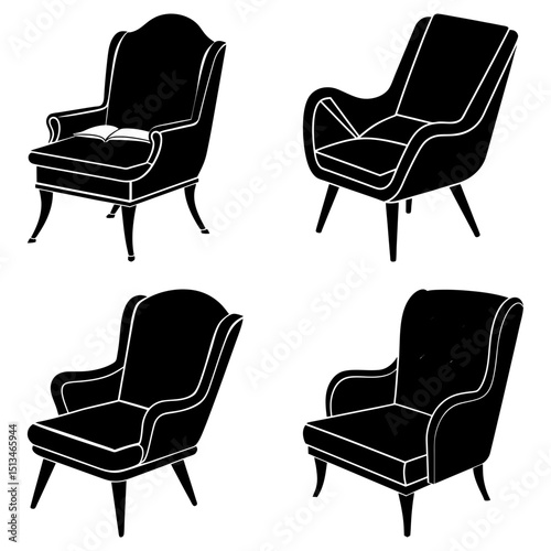 Four different armchair designs in black and white showcasing various styles and silhouettes of furniture