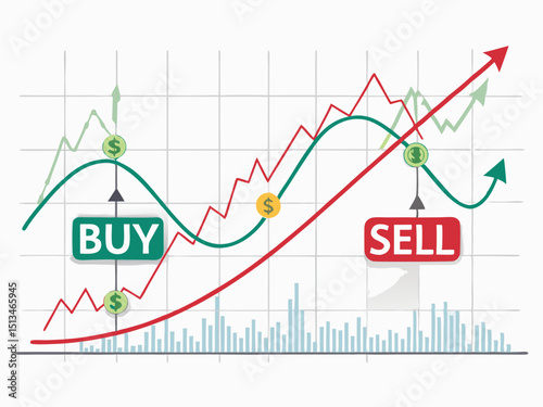 Create a vector illustration of bold-stroke moving averages crossing, emphasizing the intersection point.  Show clear upward and downward trends.