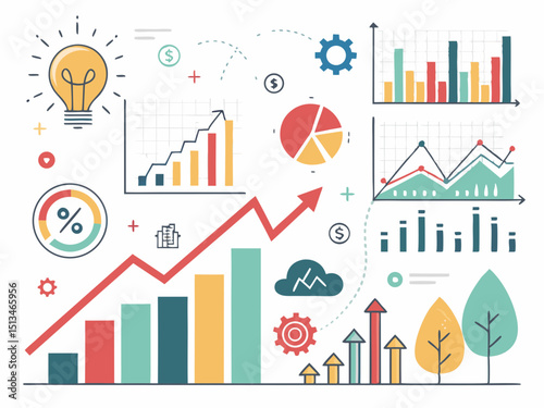 Create a bold, vector illustration depicting market trends analysis; use strong lines and impactful visuals.  Include relevant data visualizations.