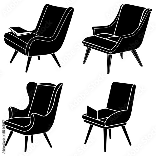 Four different chair styles in black and white with books on two of them in a grid arrangement