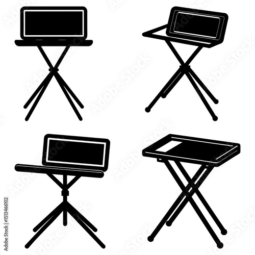 Four black and white illustrations of folding tables with laptops and trays on top in different angles