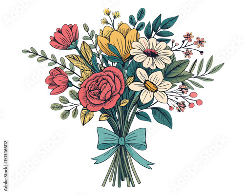 Create a bold, vector illustration of a vibrant mixed floral bouquet, emphasizing thick outlines and strong color contrasts.