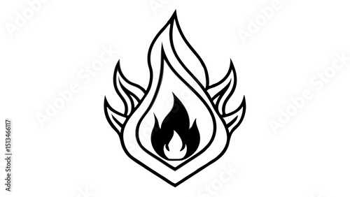 Stylized outline drawing of a flame with black fill  vector, silhouette, illustration, horizontal, isolated assets, on transparent background